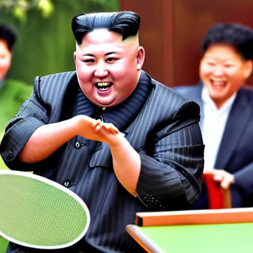 Image similar to Kim Jong Un playing ping pong and being really happy, photorealistic