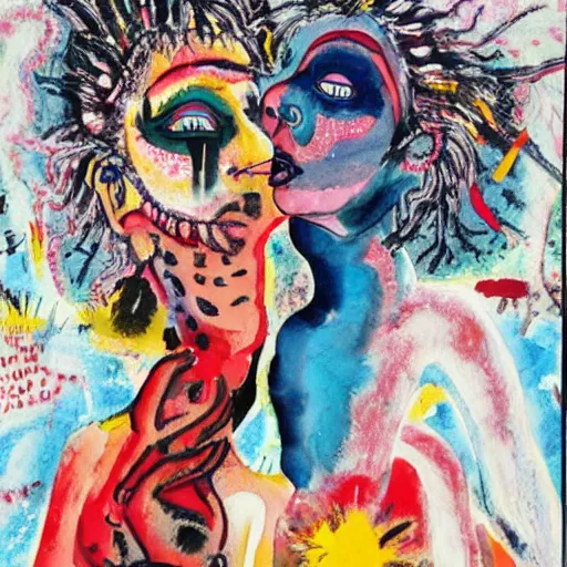 Image similar to watercolor painting of two bizarre psychedelic monster women kissing in japan in winter, speculative evolution, mixed media collage by basquiat and jackson pollock, maximalist magazine collage art, sapphic art, psychedelic illustration