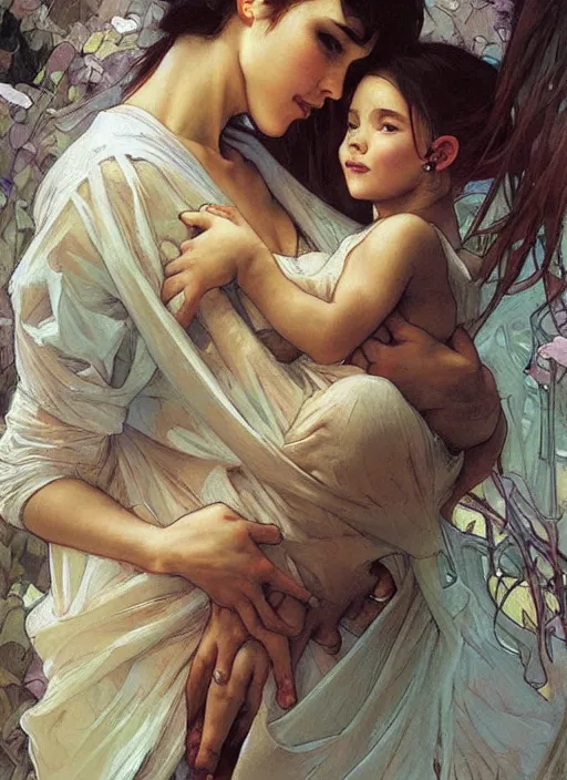 Image similar to a mother cradling her baby, beautiful painting by artgerm and greg rutkowski and alphonse mucha