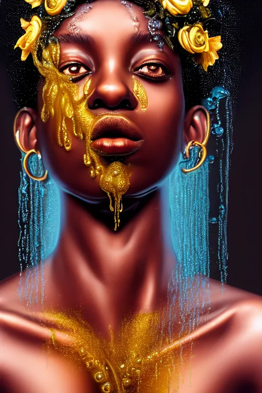 Prompt: hyperrealistic baroque cinematic profile very expressive! black oshun goddess, in water! up to shoulders, mirror dripping droplet!, gold flowers, highly detailed face, digital art masterpiece, smooth eric zener cam de leon, dramatic pearlescent turquoise light on one side, low angle uhd 8 k, shallow depth of field