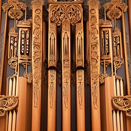 Image similar to pipe organ intricately carved from ancient wood, detailed reference photo, artstation