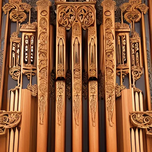 Prompt: pipe organ intricately carved from ancient wood, detailed reference photo, artstation