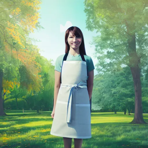 Prompt: a beautiful full body portrait of a young woman wearing an apron standing in a park, kantoku, james gilleard, very detailed, matte, gaussian blur, tone mapped