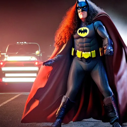 Image similar to A movie still of Weird Al Yankovic as Batman, dynamic lighting, 8k, Heroic Pose, 2022 picture of the year