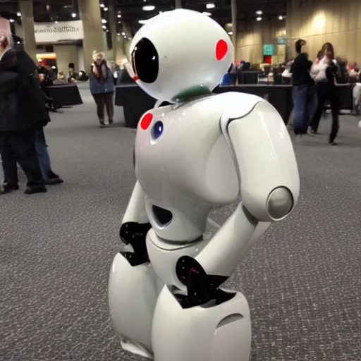 Image similar to <photo hd robot-expression='hug pls' robot-desire='hug' robot-traits='fluffy cute adorable' location='las vegas convention center'>i think this robot is following me</photo>