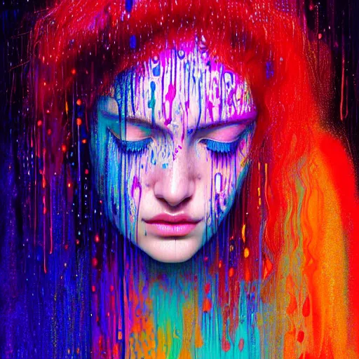 Image similar to portrait of girl in uniquely colored psychedelic rain with wet hair and face, fantasy, intricate, elegant, dramatic lighting, epiphany, highly detailed, lifelike, photorealistic, digital painting, artstation, concept art, smooth, sharp focus, illustration, art by John Collier and Albert Aublet and Krenz Cushart and Artem Demura and Alphonse Mucha