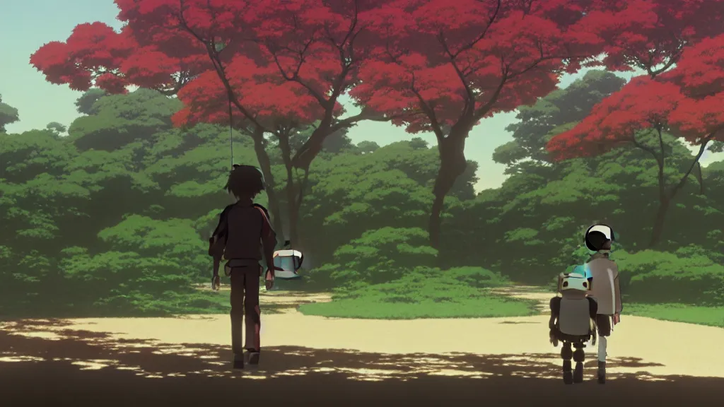 Prompt: a boy and his robot friend walking to school, anime film still from Studio Ghibli movie with art direction by Zdzisław Beksiński, wide lens