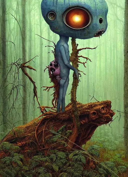 Image similar to cuddly friendly alien in the woods by a river gorgeous lighting, lush forest foliage blue sky a hyper realistic painting by chiara bautista and beksinski and norman rockwell and greg rutkowski, weta studio, and lucasfilm