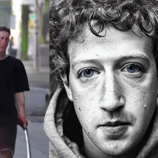 Image similar to mark zuckerberg as a dirty decrepit homeless man, 4 k ultra high detailed