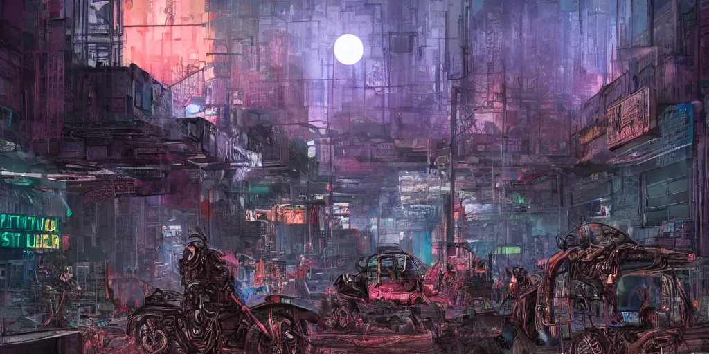 Image similar to digital art, trending on artstation, a post apocalyptic world ruled by rusty machines under a full moon in a gigantic city full of neon lights and machines acting like humans, these being the vast majority of the population.