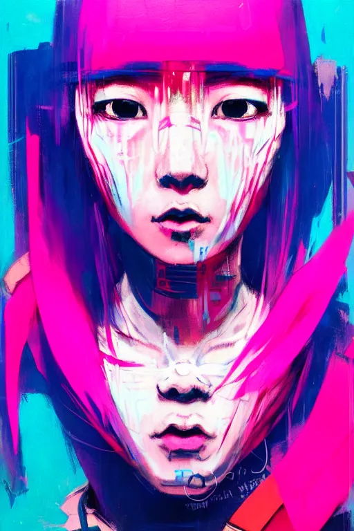 Image similar to portrait of a stylized japanese cyberpunk girl, painted in acrylic, pigment textures, in the colors hot pink and cyan, beautiful realistic face, rule of thirds, spotlight, by greg rutkowski, by jeremy mann, by francoise nielly, by van gogh, by ross tran, in focus