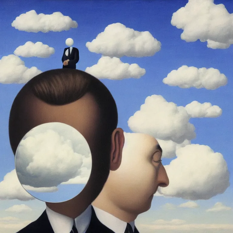 Image similar to portrait of a faceless mirror - head man in a suit, clouds in the background, by rene magritte, detailed painting, distance, middle centered, hd, hq, high resolution, high detail, 4 k, 8 k