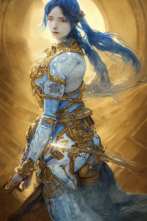 Image similar to portrait knights of Zodiac girl, Chinese Blue and white porcelain reflected armor, in ruined Agora of Athens sunrise, ssci-fi, fantasy, intricate, very very beautiful, elegant, golden light, highly detailed, digital painting, artstation, concept art, smooth, sharp focus, illustration, art by tian zi and WLOP and alphonse mucha