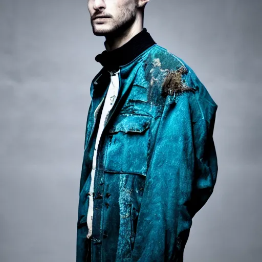 Image similar to an award - winning closeup photo of a male model wearing a baggy teal distressed medieval cloth menswear jacket by boris bidjan saberi, 4 k, studio lighting, wide angle lens