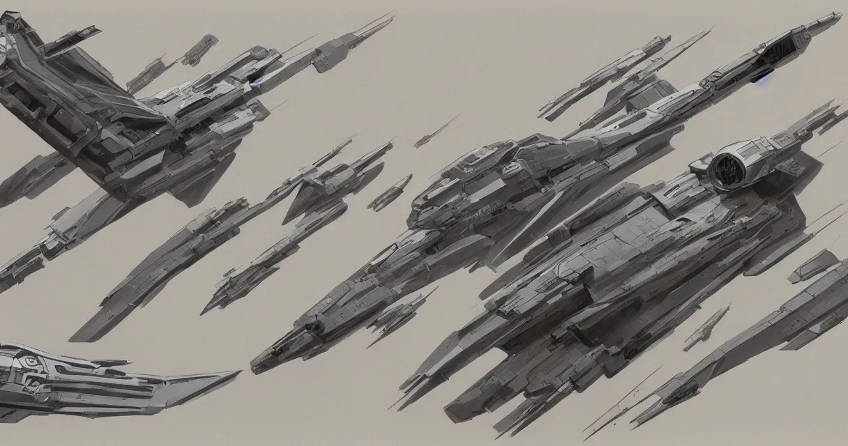 Image similar to concept sketches for a retro science-fiction space fighter Ralph McQuarrie and ilm