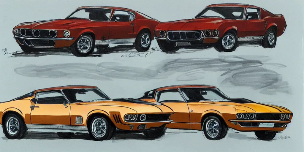 Image similar to hybrid design of Ford Mustang GT 1970 and Corvette C2 1969. No background, concept art style.