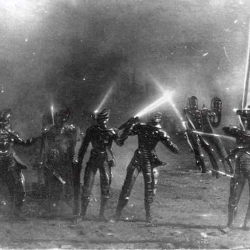 Prompt: grainy 1800s photo of a cybernetic warriors shooting civilians with laser weapons in a smoky city