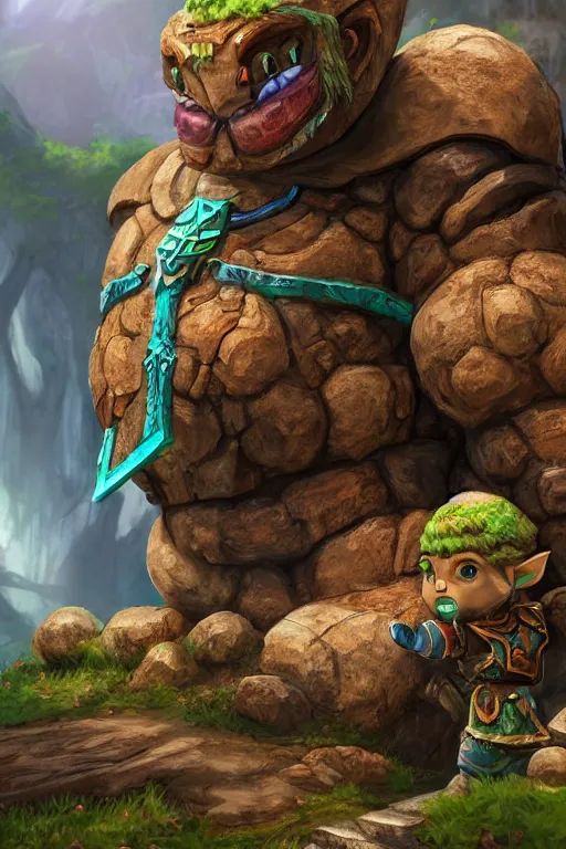 Image similar to zelda fantasy art giant golem troll wood rock greeble gemstone, global illumination ray tracing hdr fanart arstation by sung choi and eric pfeiffer and gabriel garza and casper konefal