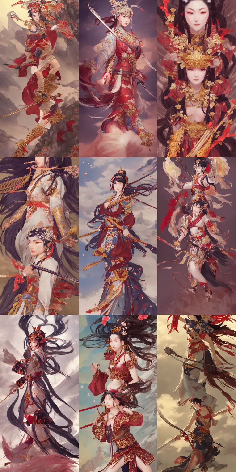 Prompt: A beautiful illustration of the NetEase Onmyoji of fierce ancient chinese wuxia warrior, beautiful, gorgeous, ultra-detailed, created by Krenz Cushart and Mucha, incredible post-processing lighting, golden ratio, cinematic, trending on ArtStation, sun rays, light streaks, filmic lut, battle mist