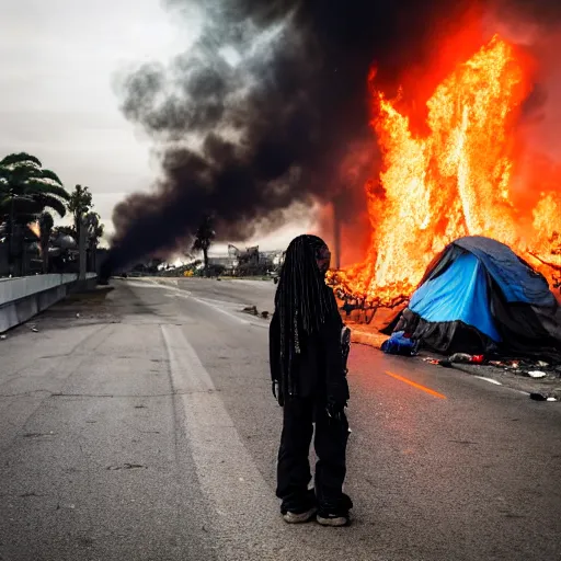 Image similar to Candid extreme wide shot of a poor techwear mixed woman with tattoos outside of a futuristic Los Angeles on fire, homeless tents on the side of the road, military police, cyberpunk, 4k, extreme long shot, desaturated, full shot, action shot, motion blur, sigma 85mm f/1.4, high resolution, 4k, 8k, hd, full color, important moment in history, award winning photography