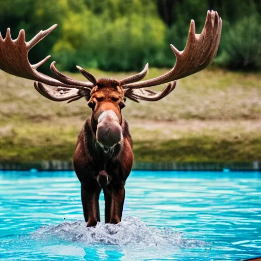 Image similar to photo of a moose at a swimming pool, people, 50mm, beautiful photo