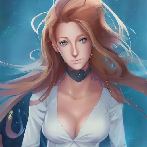 Image similar to anime portrait of blake lively as an anime girl by Stanley Artgerm Lau, WLOP, Rossdraws, James Jean, Andrei Riabovitchev, Marc Simonetti, and Sakimichan, trending on artstation