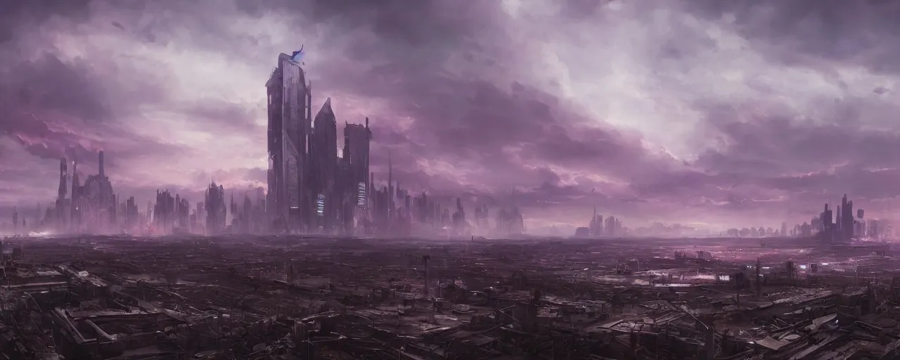 Prompt: Giant megacity looming across the landscape, dystopian, post apocalyptic, the sky is purple, very detailed concept art, matte painting, digital art, concept art, realistic beautiful, trending on Artstation, Greg Rutkowski