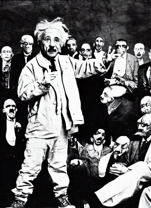 Image similar to albert einstein in a rap battle. highly detailed, 8 k, realistic.