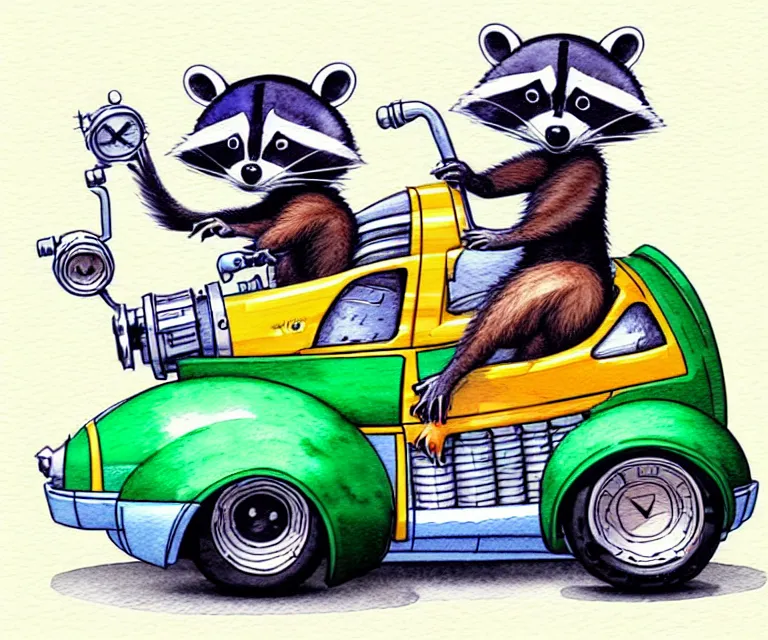 Image similar to cute and funny, racoon wearing a helmet riding in a tiny hot rod with oversized engine, ratfink style by ed roth, centered award winning watercolor pen illustration, isometric illustration by chihiro iwasaki, edited by range murata, tiny details by artgerm and watercolor girl, symmetrically isometrically centered