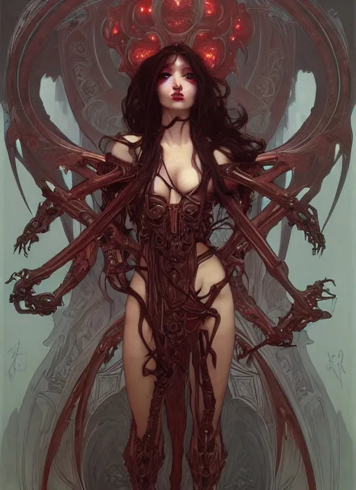 Image similar to masterpiece, infernal succubus girl concept art, stylized, doom, elegant, imperial, epic, intricate art by artgerm, alphonse mucha, h. r. giger, greg rutkowski, josan gonzalez, zdizslaw beksinski, biomechanical, crimson darkness, hellscape