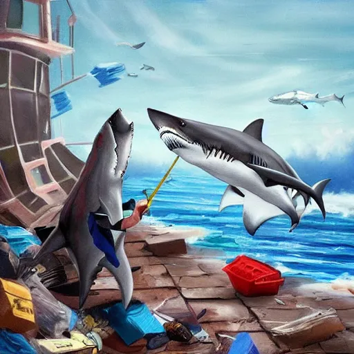 Image similar to Shark Throwing out the trash, high quality painting trending on artstation