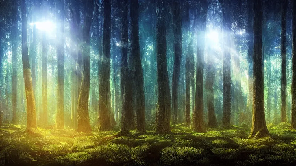 Image similar to portrait of an ethereal evergreen forest made of green and blue light with a log cabin made of golden light, divine, cyberspace, mysterious, dark high-contrast concept art