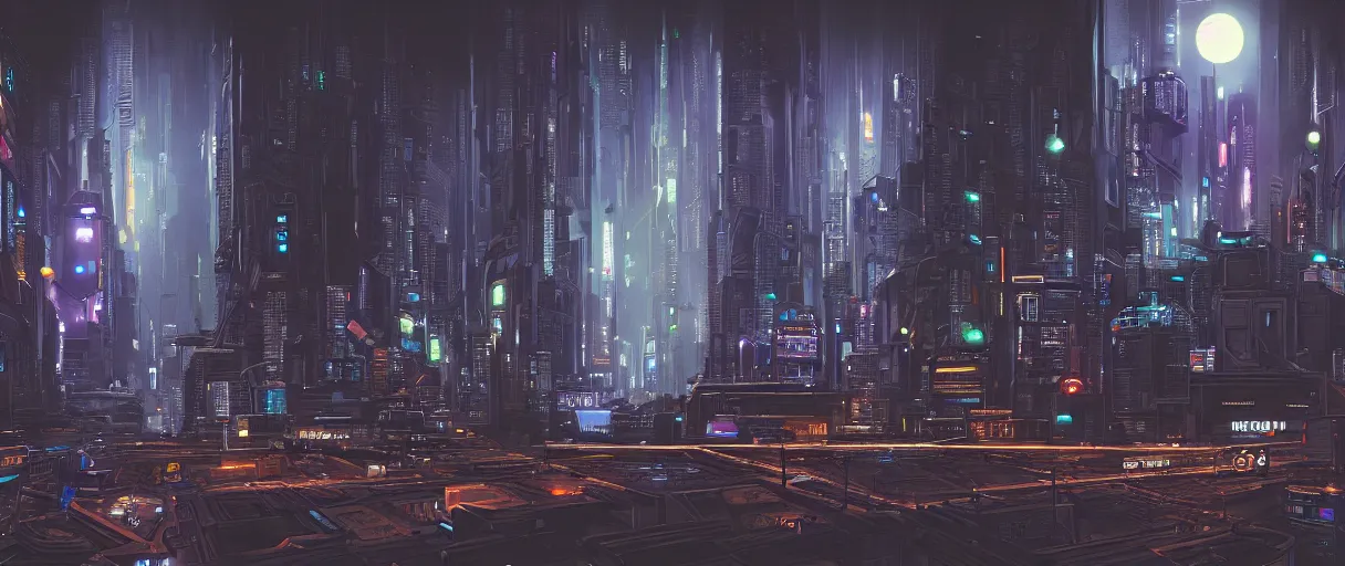 Image similar to detailed cyberpunk city at night, with a huge black hole from interstellar in the sky, digital painting concept art, by Ralph Mcquarrie, highly detailed, trending on artstation, dark