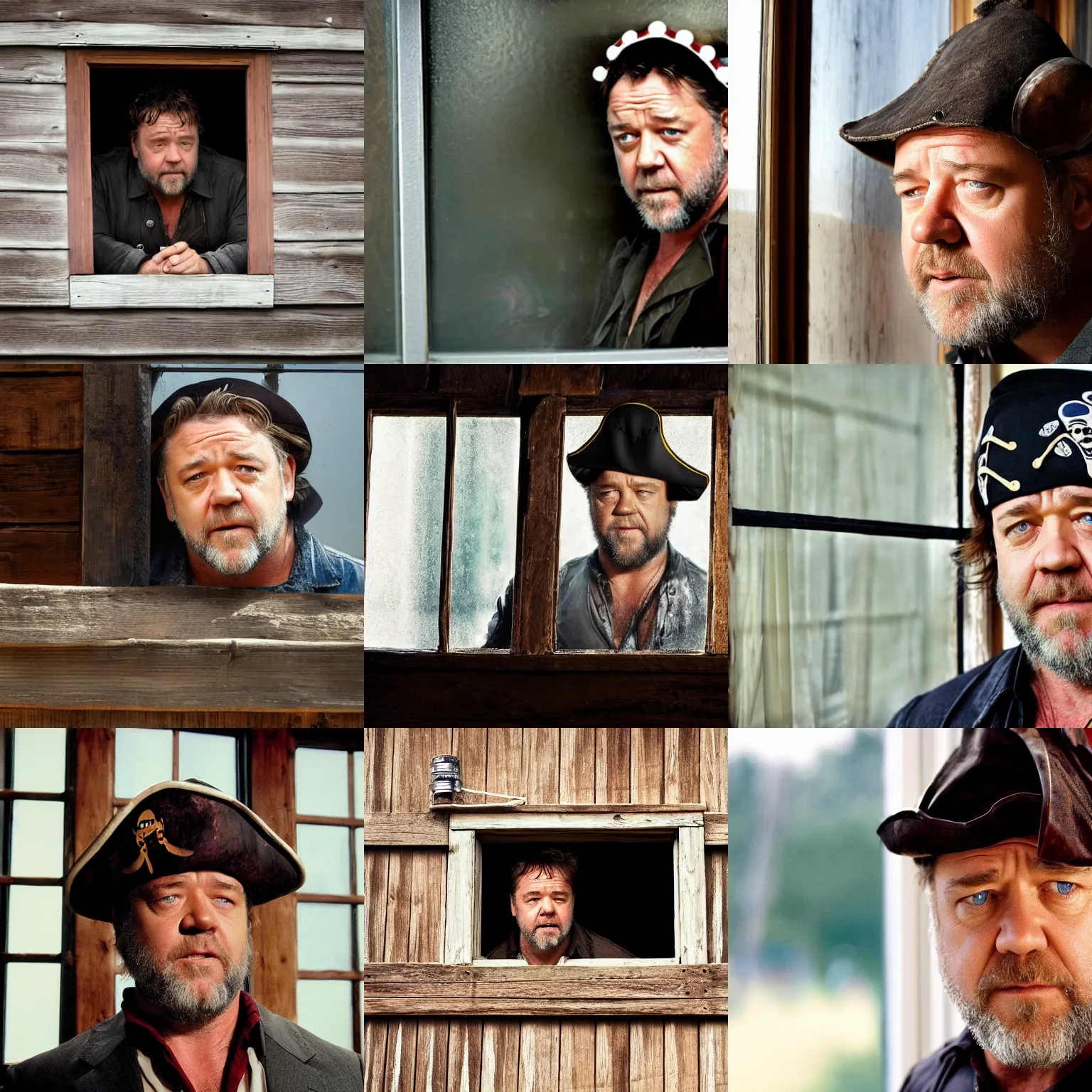 Prompt: russell crowe wearing a too wide silly pirate hat behind a dirty window and wooden wall peering out to the camera