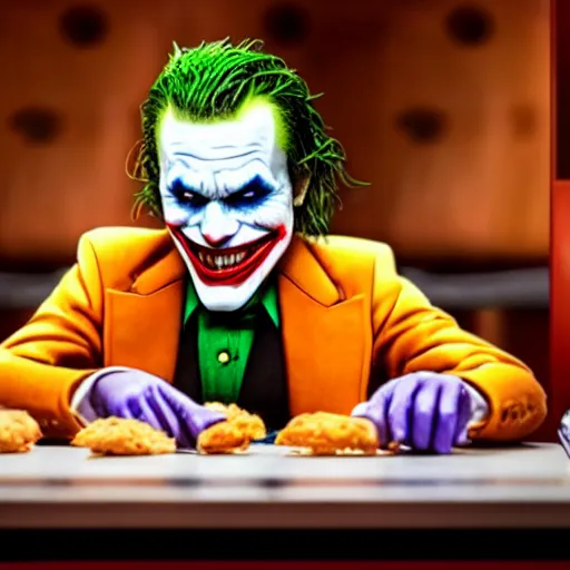 Image similar to cinematic shot of the joker sitting at a table in a popeyes restaurant and biting into a chicken tender, 8 k, very detailed, very intricate,
