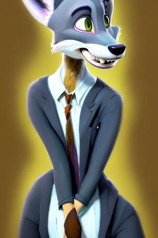 Image similar to oil painting of anthromorphic female wolf, in style of zootopia, female fursona, furry, furaffinity, 4 k, deviantart, furry art, fursona art, wearing black business suit, business suit, wolf fursona, female, smug expression,