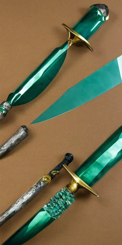 Image similar to photograph of a wide green and teal crystal sword blade attached to a big gold sword hilt
