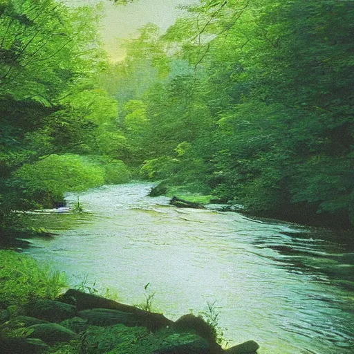 Image similar to a river running through a lush green forest, a jigsaw puzzle by shirley teed, featured on flickr, hudson river school, photo taken with ektachrome, creative commons attribution, photo taken with provia