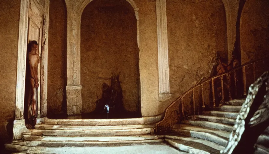 Image similar to movie still by tarkovsky of caligula poniard to death by senators on ancient stairs, cinestill 8 0 0 t 3 5 mm, high quality, heavy grain, high detail, dramatic light, ultra wide lens, anamorphic