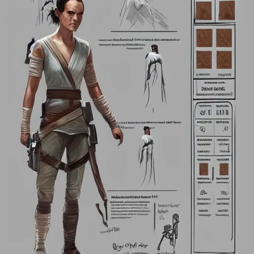 Prompt: ryan church concept art sketch star wars rey character reference sheet