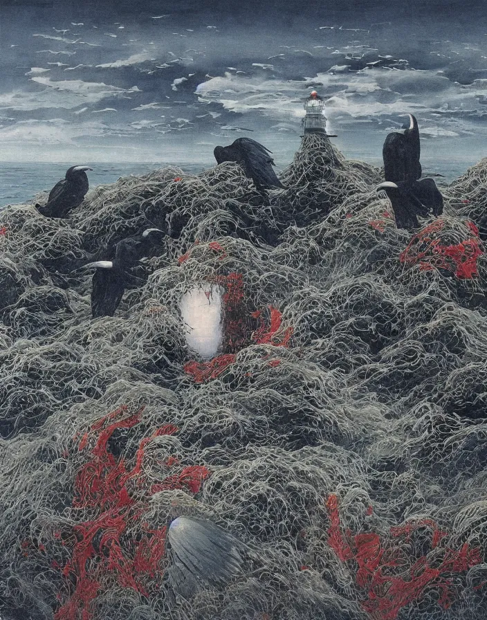 Prompt: worshippers in robes belonging to the cult of the lighthouse standing in waves with ravens flying overhead, a lighthouse, ravens, high detailed beksinski painting, part by adrian ghenie and gerhard richter. art by takato yamamoto and gerald scarfe. masterpiece, dark and moody, deep colours, blue