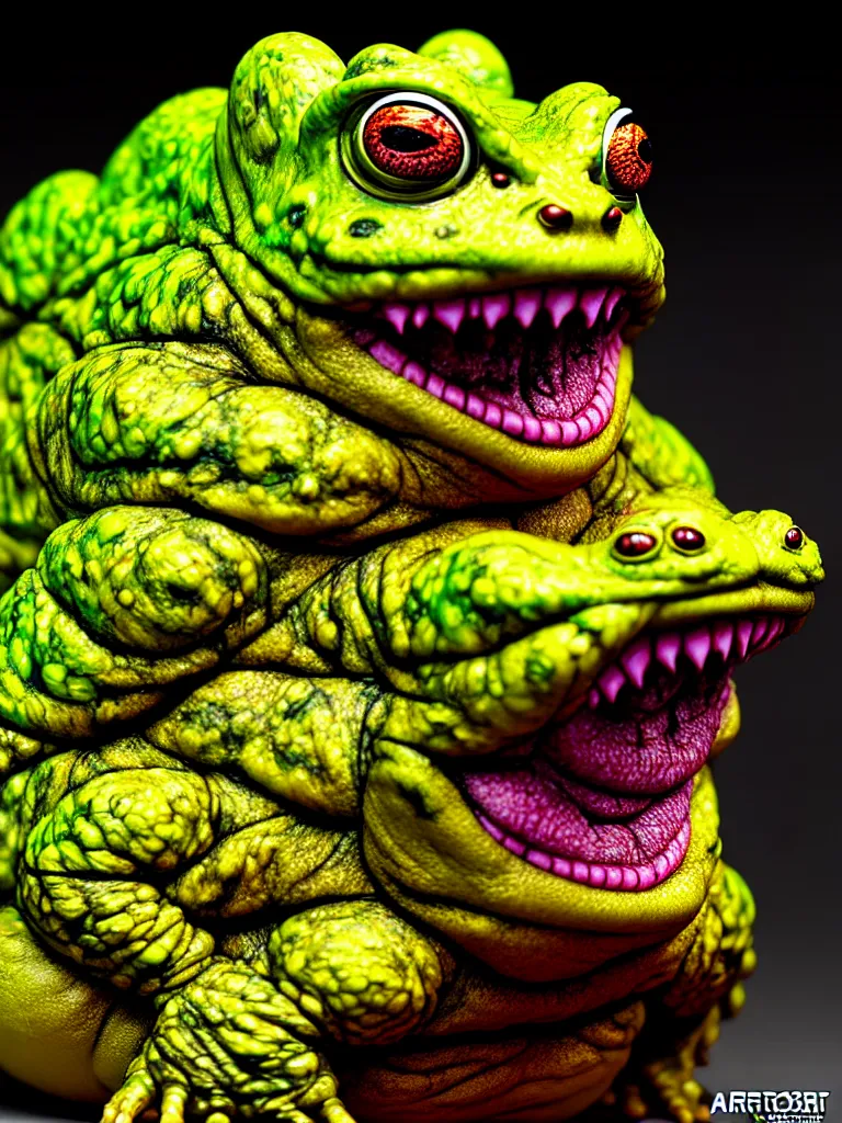 Image similar to hyperrealistic rendering, fat smooth cronenberg flesh monster toad kaiju by by art of skinner and richard corben, eyeballs, product photography, action figure, sofubi, studio lighting, colored gels, colored background