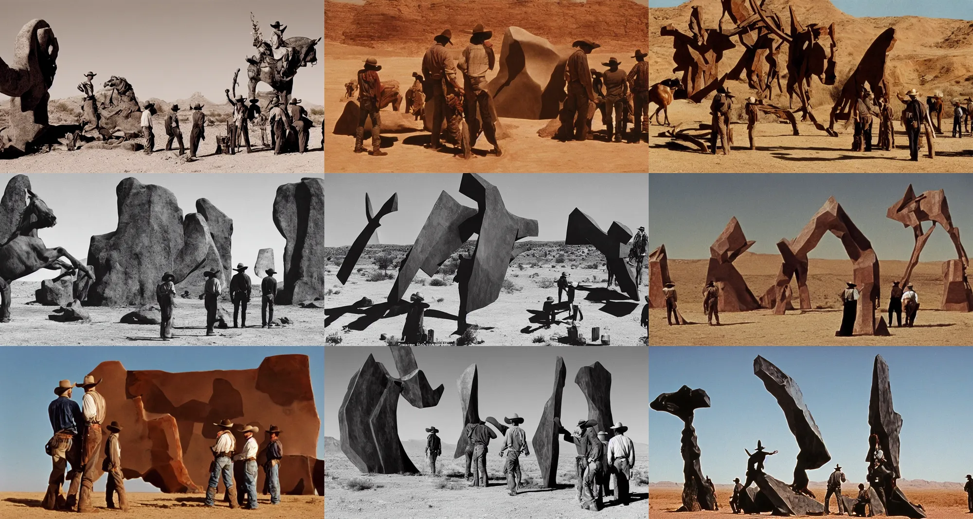 Prompt: film still showing cowboys looking at a gigantic abstract sculpture in the desert directed by Sergio Leone, western, cinemascope, technicolor