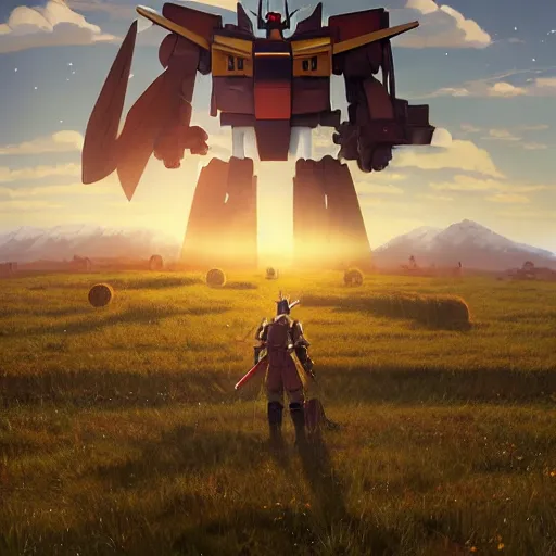 Prompt: giant gundam stands over field with hay bales by simon stalenhag, sci fi digital painting, unreal engine 5, photorealism, hd quality, 8 k resolution, cinema 4 d, 3 d, cinematic, professional photography, art by artgerm and greg rutkowski and alphonse mucha and loish and wlop