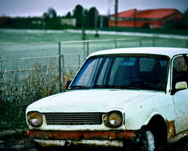 Image similar to a lomographic photo of old lada 2 1 0 7 standing in typical soviet yard in small town, hrushevka on background, cinestill, bokeh