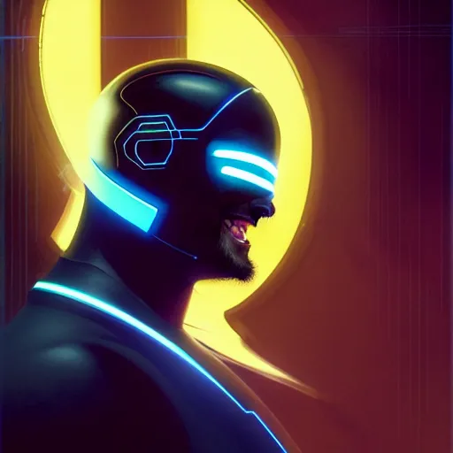 Image similar to tron legacy jesus laughing, diffuse lighting, hyper realistic, concept art, intricate, hyper detailed, smooth, sharp focus, illustration, trending on artstation, art by greg rutkowski and james gurney and alphonse mucha