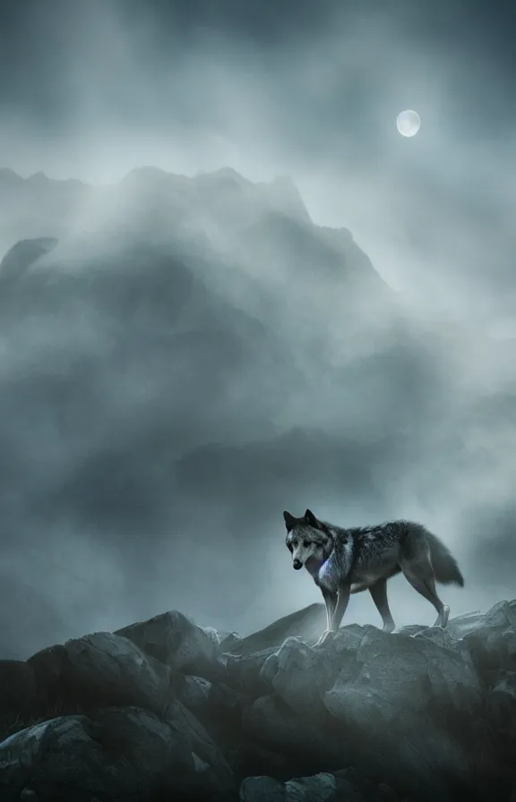 Image similar to a photograph of a wolf at full moon in a mountainous environment, full moon with fog and clouds, concept art, epic lighting, cinematographic