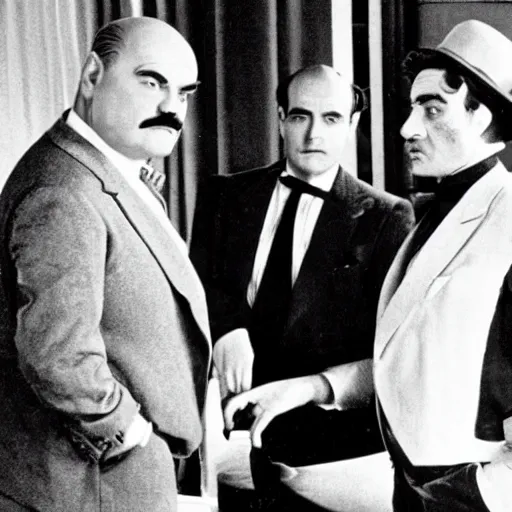 Prompt: scene of the hercule poirot tv serie featuring david suchet shaved