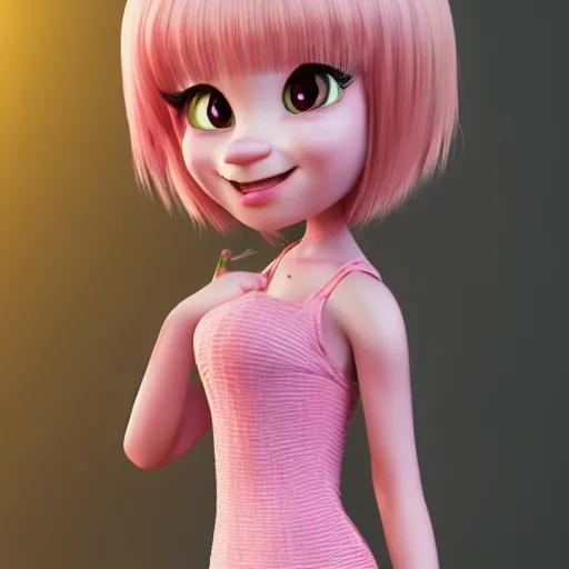 Image similar to A portrait of Nikki from Shining Nikki and Love, a cute 3d cgi toon young woman with long light pink hair, full bangs, hazel eyes, full face, light makeup, pale skin, Chinese heritage, cute outfit, medium shot, mid-shot, hyperdetailed, 8k, trending on artstation, as a Pixar character