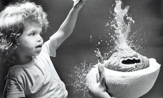 Prompt: kid playing with slime monster, realistic, toy commercial photo, highly detailed, photo from the 80s